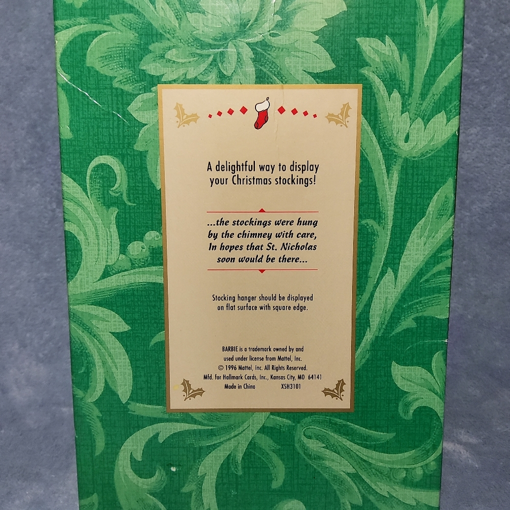 New In Box Vintage 1996 Hallmark Holiday Barbie Stocking Hanger Green Glittery - Picture 7 of 8